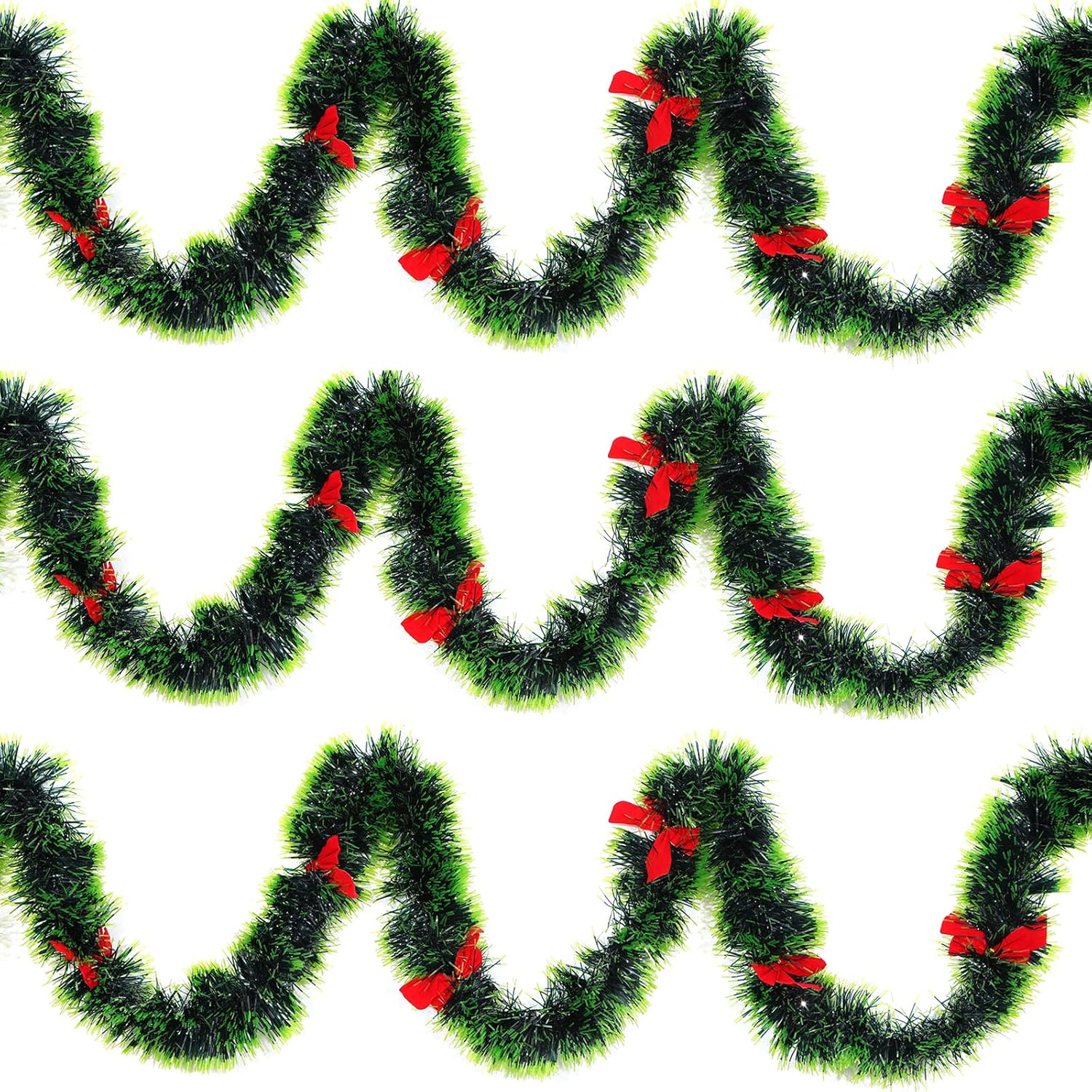 3Pcs x 8.2ft (Total:24.6ft) Christmas Tinsel Garlands with 24 Pcs Red Bows for Indoor and Outdoor Holiday Mardi Gras Xmas and Other Festivities Party Supply (Green)